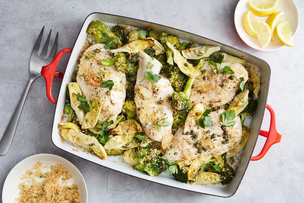 Poulet, artichaut et brocoli au four avec chapelure aux herbes